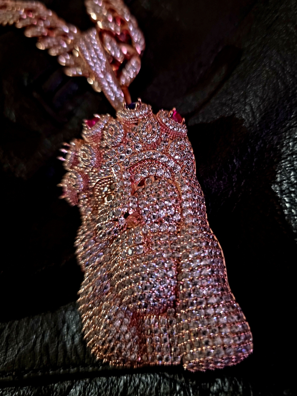 Rhinestone Jesus Piece Pendant - Pink and Gold Tone - Picture 3 of 7